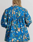 Blue Floral Notched V Neck Half Sleeve Plus Size Blouse - Toi ‘n’ Moi Ltd