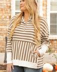 Brown Stripe Quarter Buttons Drop Sleeve Plus Size Hoodie - Toi ‘n’ Moi Ltd
