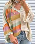 Beige Pointelle Knit Colorblock Patchwork V Neck Hooded Plus Sweater - Toi ‘n’ Moi Ltd