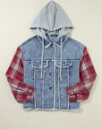 Beau Blue Plaid Print Patchwork Hooded Raw Hem Denim Jacket - Toi ‘n’ Moi Ltd