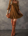 Chestnut Lace Crochet Buttoned Square Neck Shift Mini Dress