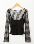 Black Lace Mesh Crochet Splicing Slim Fit Long Sleeve Blouse - Toi ‘n’ Moi Ltd