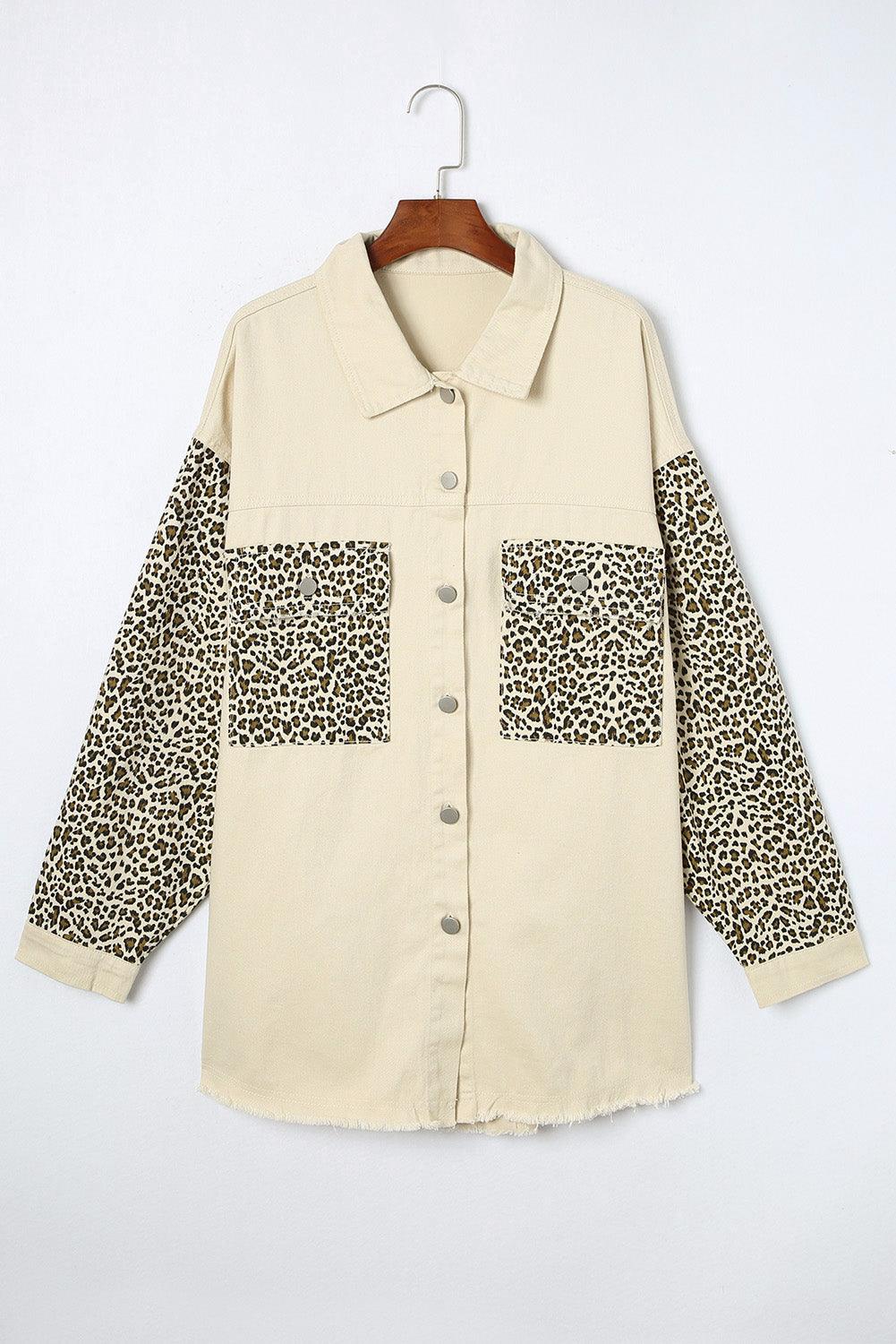 Apricot Plus Size Leopard Sleeve Raw Hem Denim Jacket - Toi ‘n’ Moi Ltd