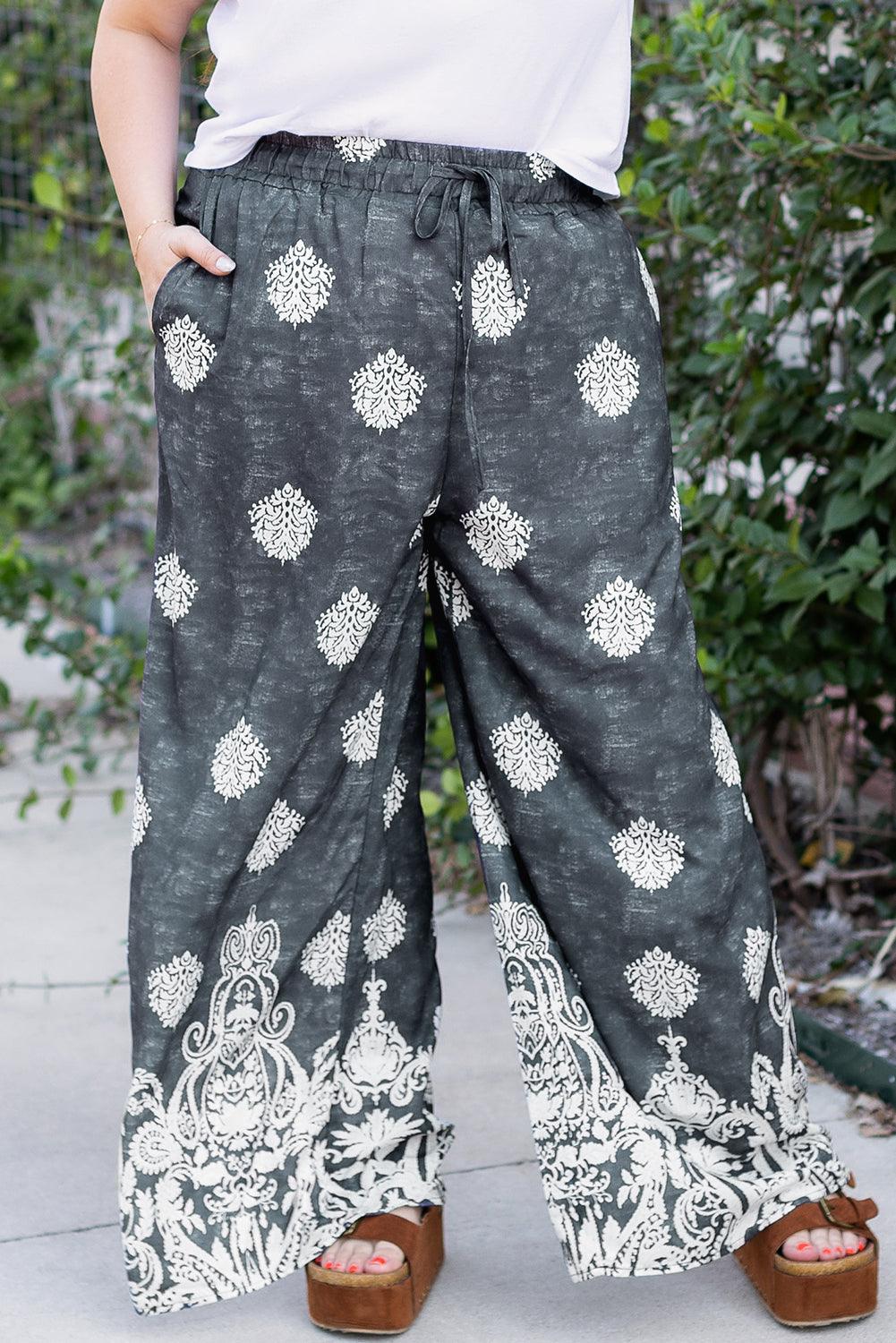 Black Plus Size Geometric Ethnic Print Drawstring Wide Leg Pants - Toi ‘n’ Moi Ltd