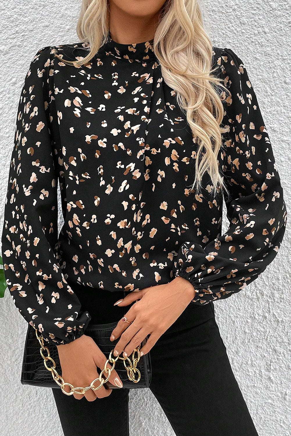 Black Leopard Print Puff Sleeve Mock Neck Pleated Blouse - Toi ‘n’ Moi Ltd