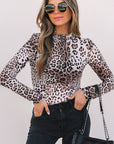 Brown Leopard Smocked Neck Mesh Long Sleeve Bodysuit - Toi ‘n’ Moi Ltd