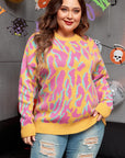 Bright Pink Plus Size Leopard Ribbed Trim Sweater - Toi ‘n’ Moi Ltd