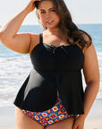 Black Drawstring Tied Front Flared Top Geometric Print Bottom Plus Size Tankinis - Toi ‘n’ Moi Ltd