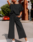 Black Textured Loose Fit T Shirt and Drawstring Pants Set - Toi ‘n’ Moi Ltd