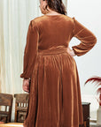 Camel Surplice V Neck Balloon Sleeve Velvet Dress - Toi ‘n’ Moi Ltd