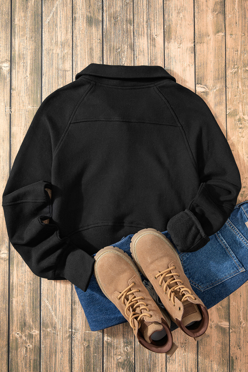 Black Fleece Lined Zip Up Stand Collar Thumbhole Sleeve Sweatshirt - Toi ‘n’ Moi Ltd