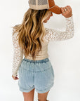 Beige Floral Lace Patchwork Long Sleeve High Neck Slim Top - Toi ‘n’ Moi Ltd