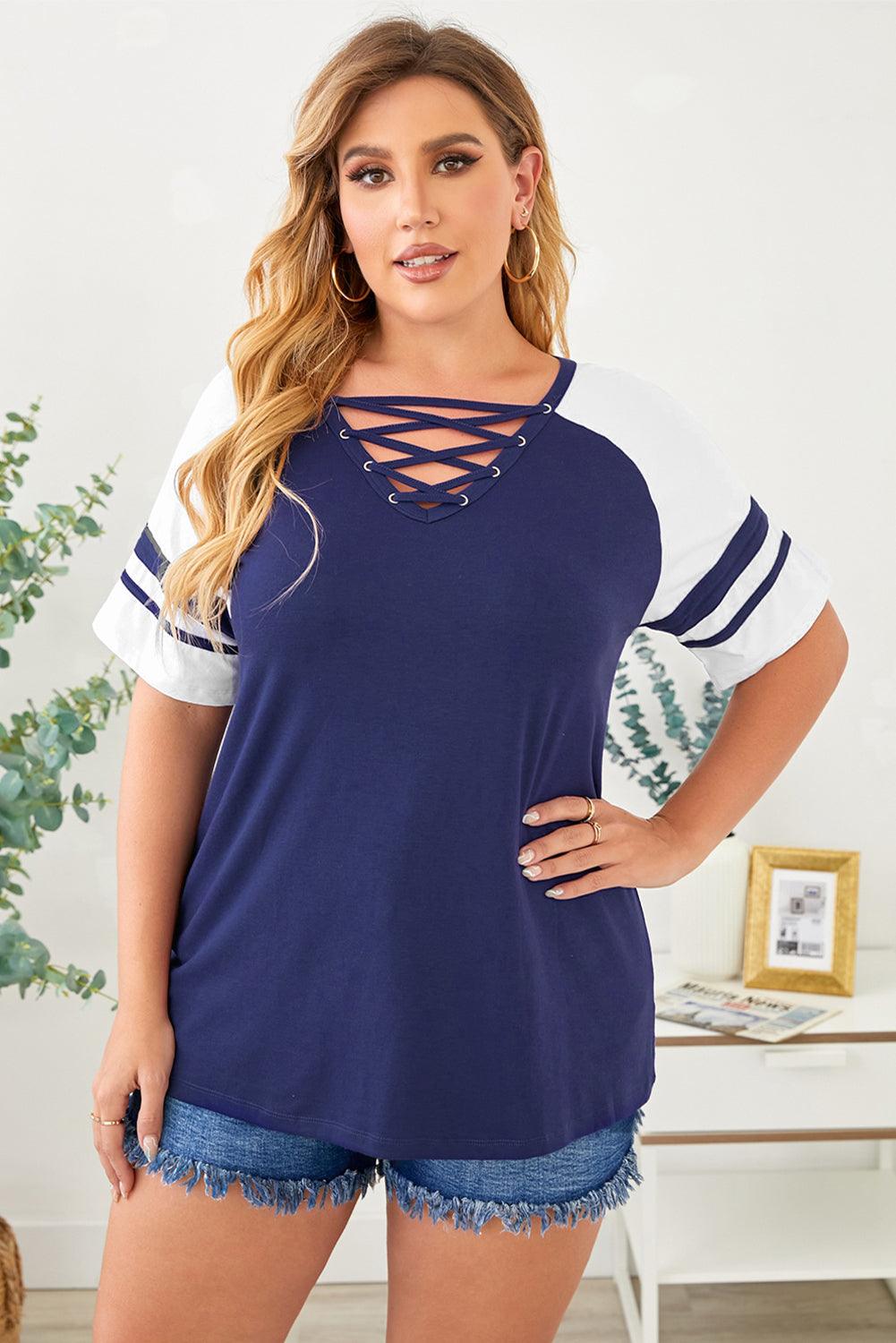 Blue Crisscross V Neck Raglan Sleeve Plus Size Tee - Toi ‘n’ Moi Ltd