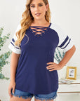 Blue Crisscross V Neck Raglan Sleeve Plus Size Tee - Toi ‘n’ Moi Ltd