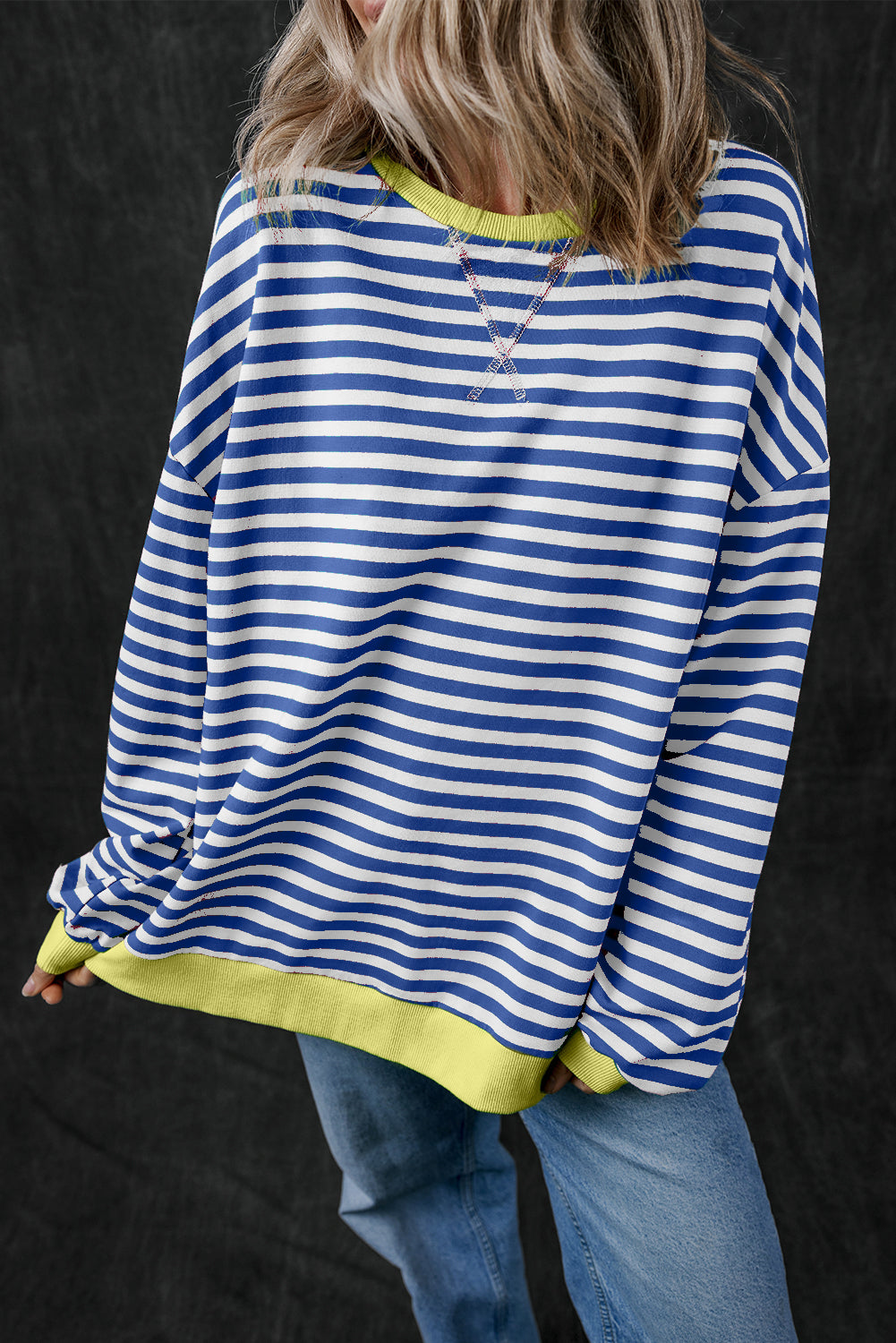 Blue Stripe Oversized Contrast Trim Pullover Sweatshirt - Toi ‘n’ Moi Ltd