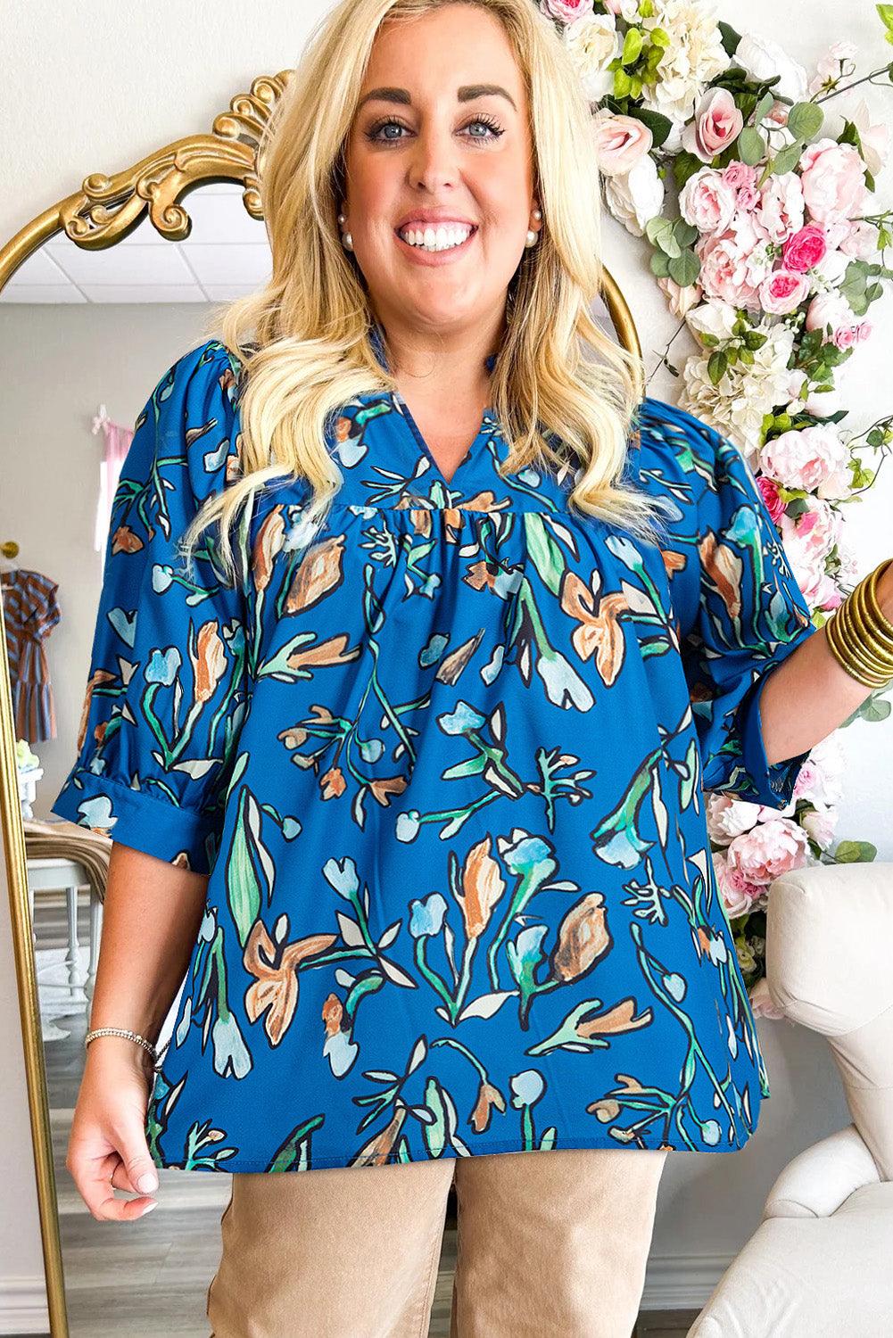 Blue Floral Notched V Neck Half Sleeve Plus Size Blouse - Toi ‘n’ Moi Ltd