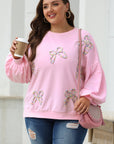 Sweat-shirt oversize rose clair à manches lanternes et nœud brodé