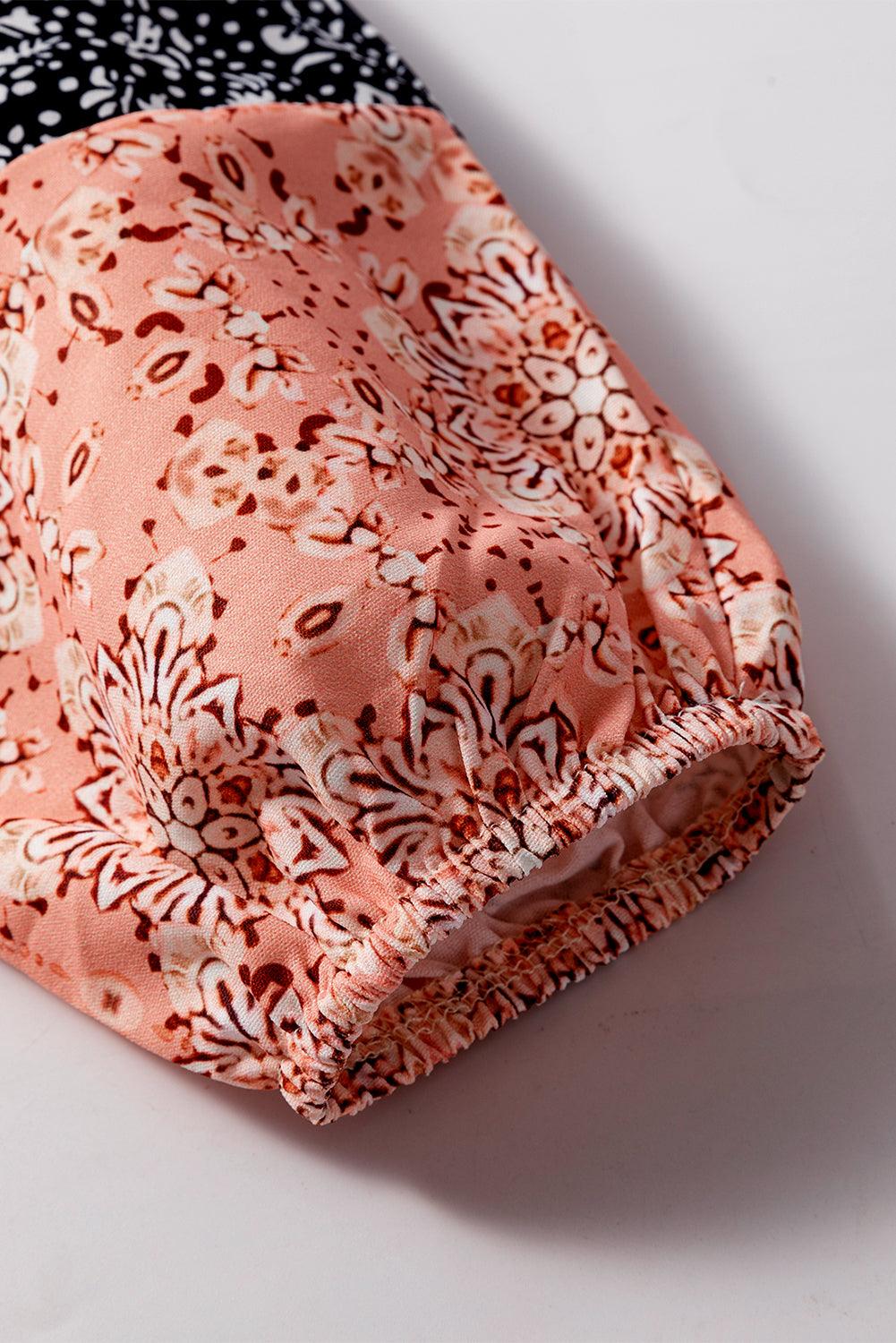 Beige Floral Patchwork Textured Knit Drawstring V Neck Blouse - Toi ‘n’ Moi Ltd