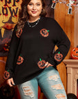 Black Plus Size Halloween Sequined Pumpkin Pattern Sweater - Toi ‘n’ Moi Ltd