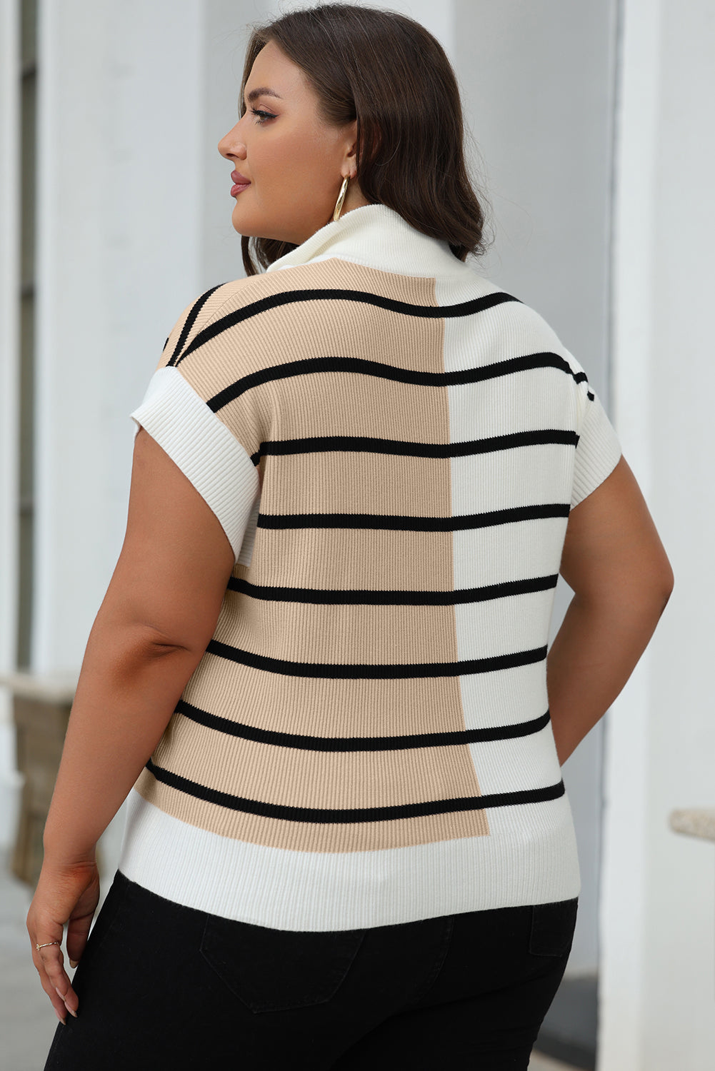 Black Stripe Colorblock Quarter Zip Collar Sweater Vest - Toi ‘n’ Moi Ltd