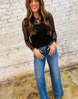Black Bow Pattern Accent Mesh Long Sleeve Top - Toi ‘n’ Moi Ltd