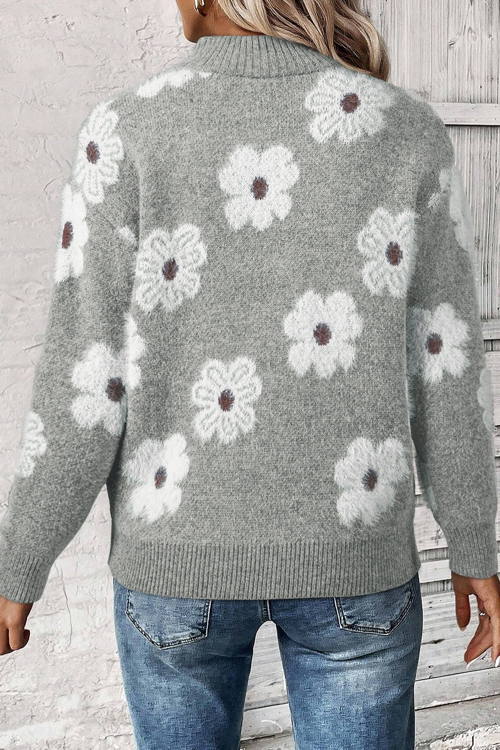 Pull à épaules tombantes et demi-zip à motif floral gris