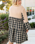 Black Plaid Waffle Knit Patchwork Collared V Neck Plus Size Mini Dress - Toi ‘n’ Moi Ltd