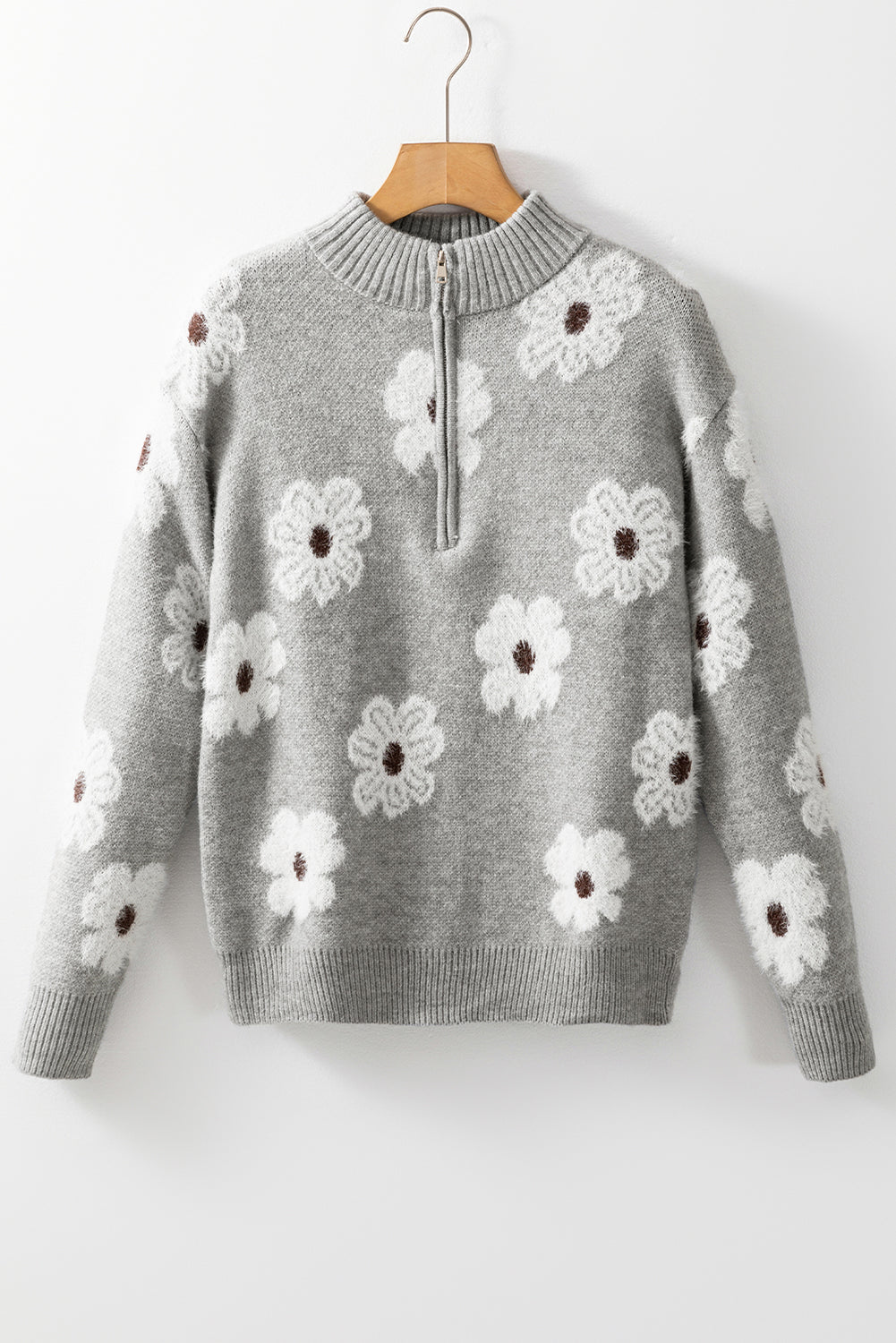 Pull à épaules tombantes et demi-zip à motif floral gris