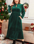 Blackish Green Velvet Frilled up Neck Ruffled High Waist Plus Size Midi Dress - Toi ‘n’ Moi Ltd