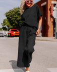 Black Textured Loose Fit T Shirt and Drawstring Pants Set - Toi ‘n’ Moi Ltd