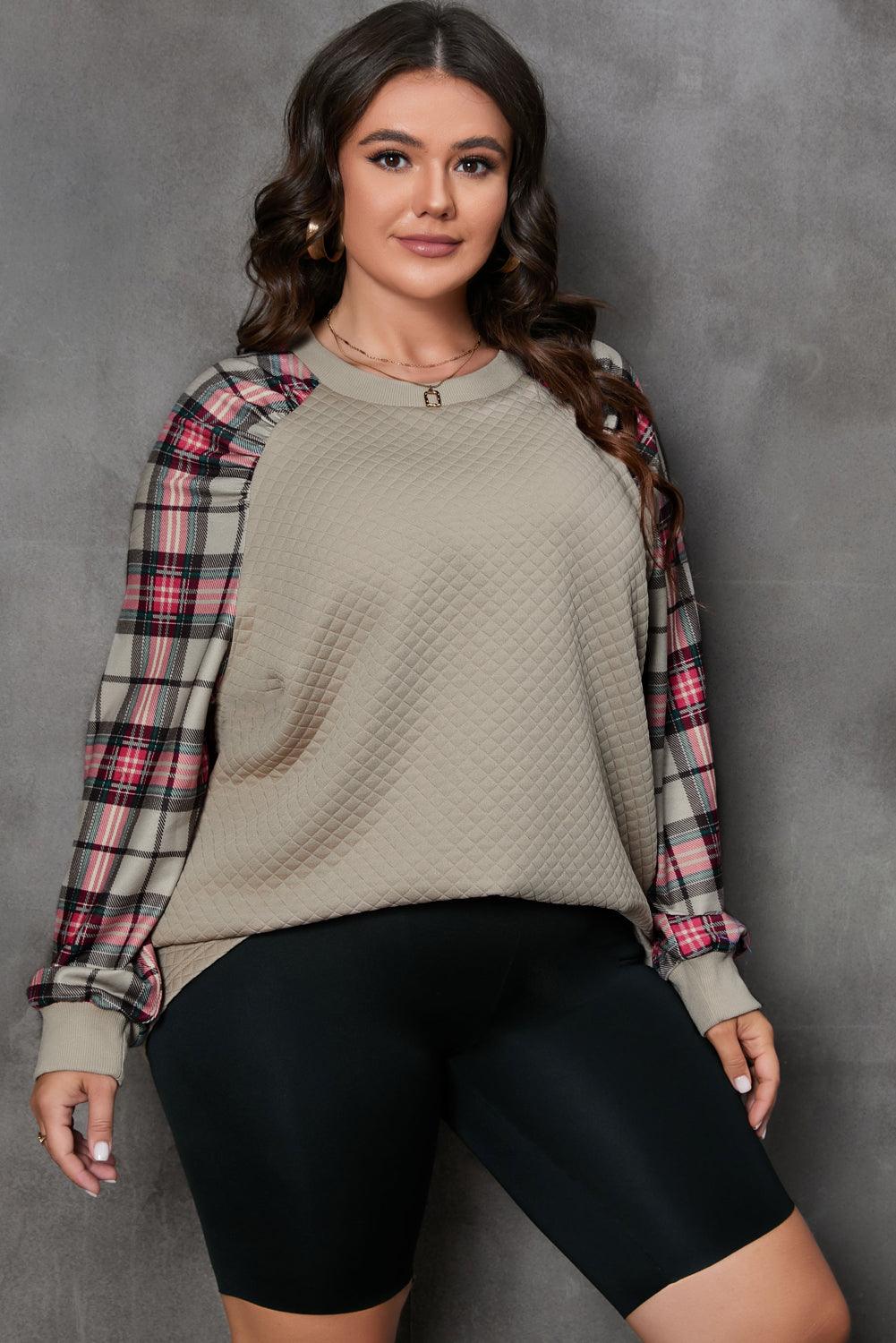 Apricot Plus Size Plaid Raglan Sleeve Crew Neck Sweatshirt - Toi ‘n’ Moi Ltd