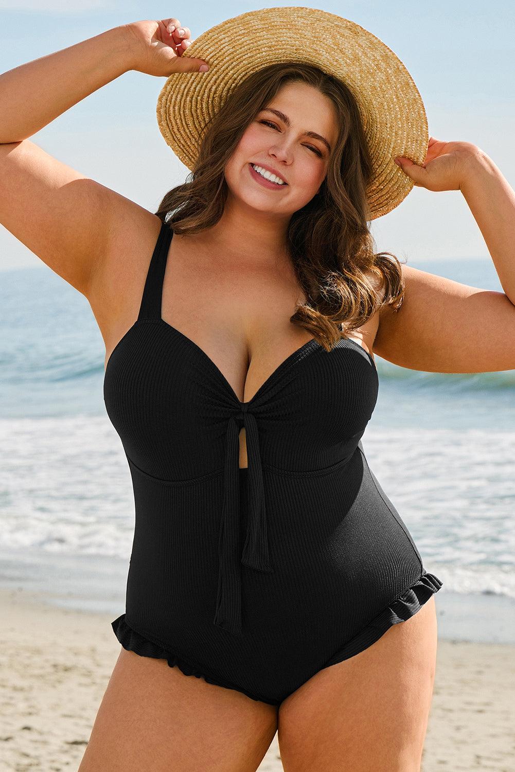 Black Plus Size Textured Knotted Ruffled Trim One Piece Swimwear - Toi ‘n’ Moi Ltd