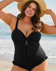 Black Plus Size Textured Knotted Ruffled Trim One Piece Swimwear - Toi ‘n’ Moi Ltd
