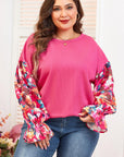 Bright Pink Floral Patchwork Flounce Sleeve Rib Knit Plus Top - Toi ‘n’ Moi Ltd
