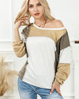 Khaki Exposed Seam Color Block Patchwork Top