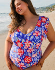 Blue Floral Print Ruffled V Neck High Waist One Piece Swimwear - Toi ‘n’ Moi Ltd