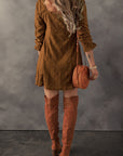 Chestnut Lace Crochet Buttoned Square Neck Shift Mini Dress