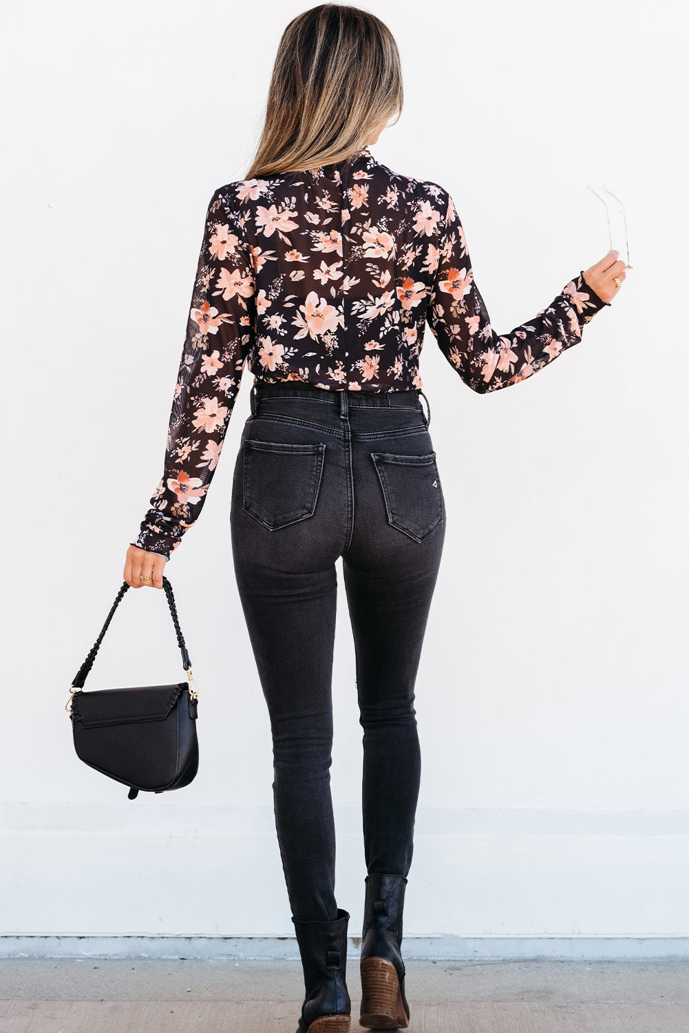 Black Floral Mesh Mock Neck Long Sleeve Slim Fit Top - Toi ‘n’ Moi Ltd