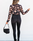 Black Floral Mesh Mock Neck Long Sleeve Slim Fit Top - Toi ‘n’ Moi Ltd