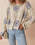 Beige Contrast Flower Print Eyelet Drop Shoulder Sweater - Toi ‘n’ Moi Ltd