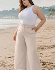 Beige Smocked High Waist Wide Leg Plus Size Pants - Toi ‘n’ Moi Ltd