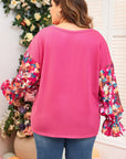 Bright Pink Floral Patchwork Flounce Sleeve Rib Knit Plus Top - Toi ‘n’ Moi Ltd