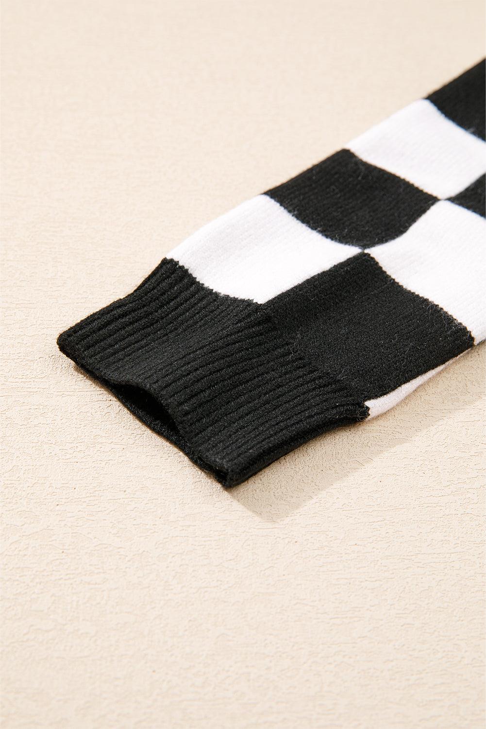 Black Checkered Print Drop Shoulder Round Neck Sweater - Toi ‘n’ Moi Ltd