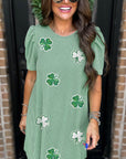 Robe t-shirt à manches bouffantes et imprimé trèfle vert menthe