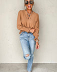 Straw Yellow Solid Color Shirred Cuff Notch V Neck Blouse