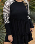 Black Plus Size Striped Leopard Patch Sleeve Ruffle Tiered Dress - Toi ‘n’ Moi Ltd