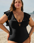 Black Ruffled Sleeve Lace-up V Neck Plus Size One Piece Swimsuit - Toi ‘n’ Moi Ltd