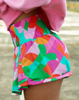 Green Abstract Print Smock Waist Casual Shorts