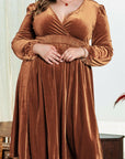 Camel Surplice V Neck Balloon Sleeve Velvet Dress - Toi ‘n’ Moi Ltd