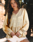 Gold Metallic Frilled V Neck Puff Sleeve Babydoll Blouse